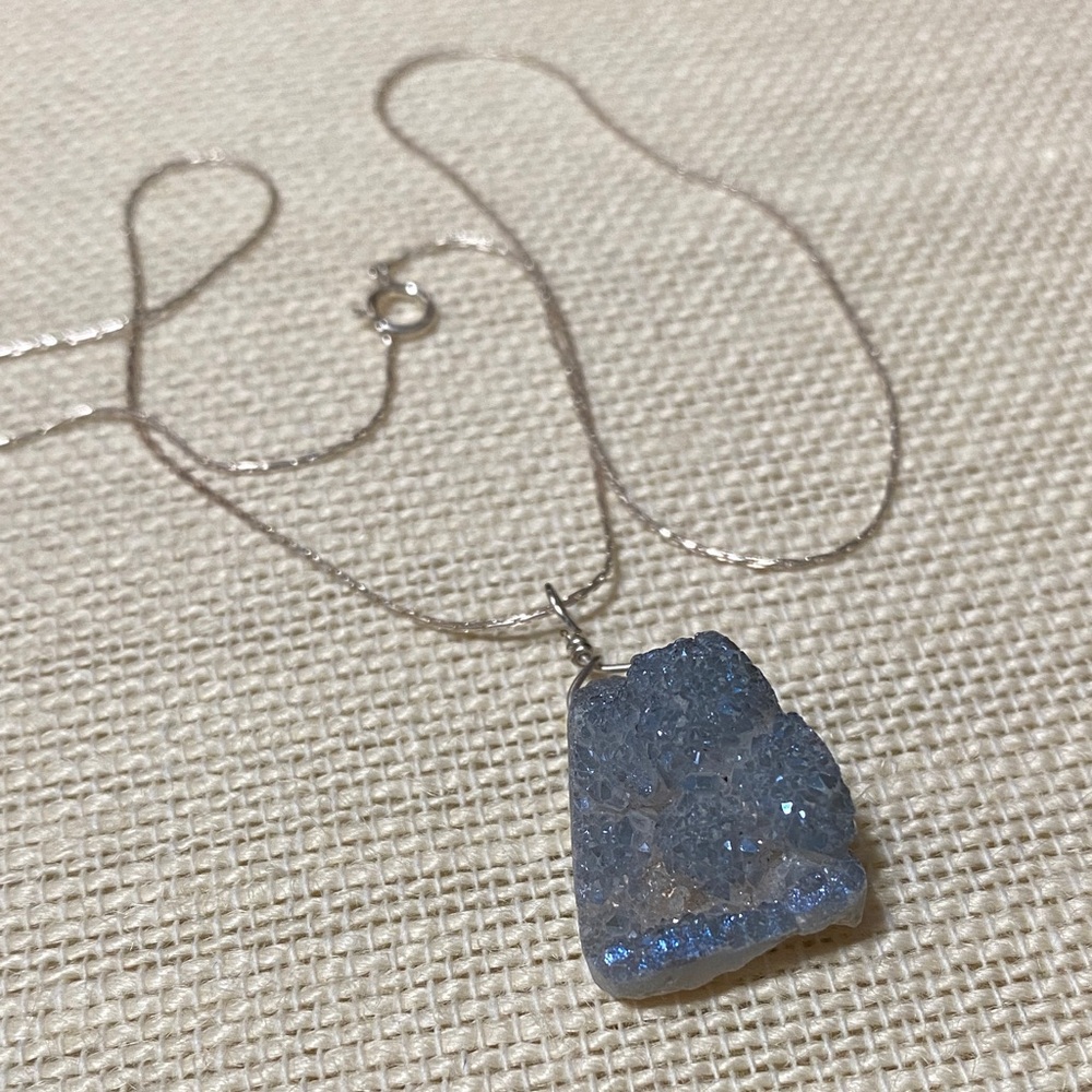 Elegant handcrafted Freeform Blue Druzy Pendant sterling silver 18” Necklace
